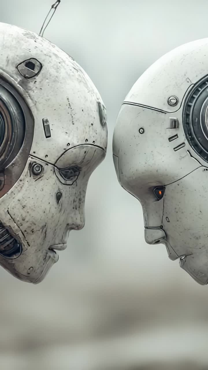 A Close-Up Encounter Between Two Advanced Androids: Exploring the Intricate Design and Emotional Expressions of Futuristic Robotics in a Dystopian Setting