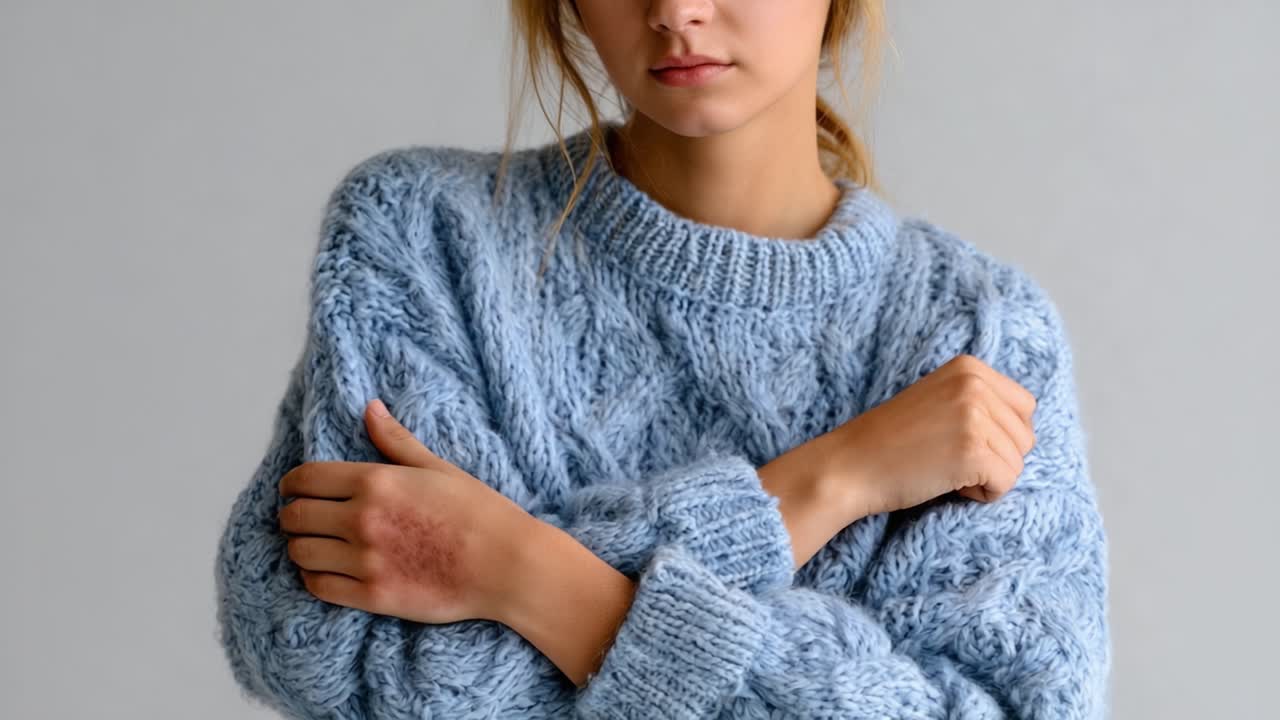 A contemplative moment: A young woman in a cozy blue sweater displays an expression of introspection, evoking feelings of vulnerability and introspection in a serene setting