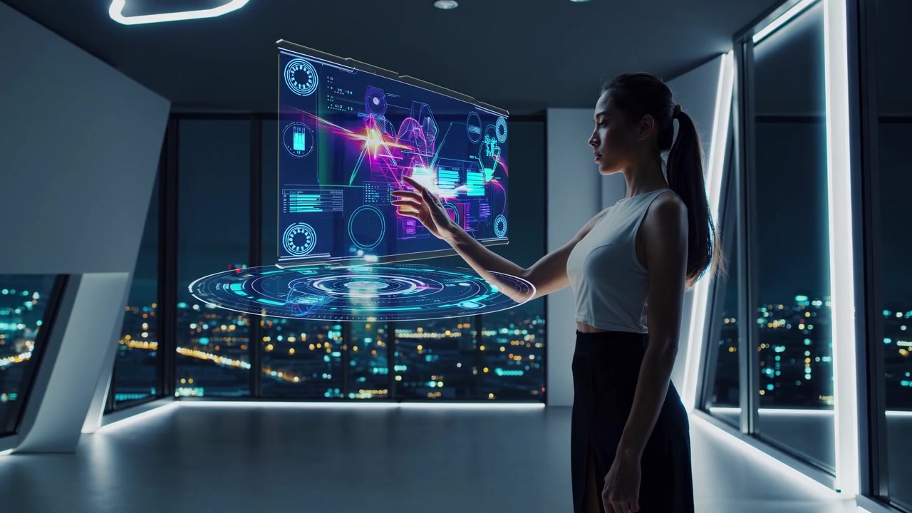 Young Woman Interacting with Futuristic Holographic Display in Modern Office