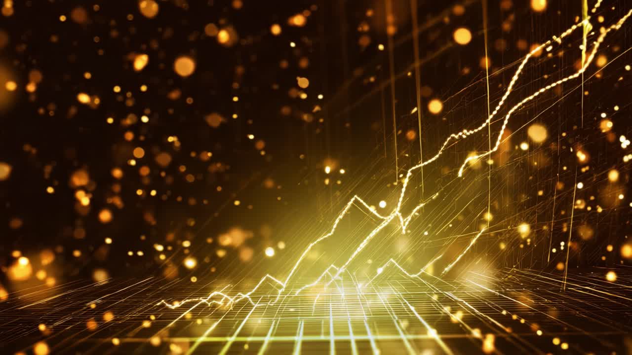 Golden growing chart showing positive performance with glowing particles on a grid. Financial data visualization representing stock market success, business growth, and positive investment returns