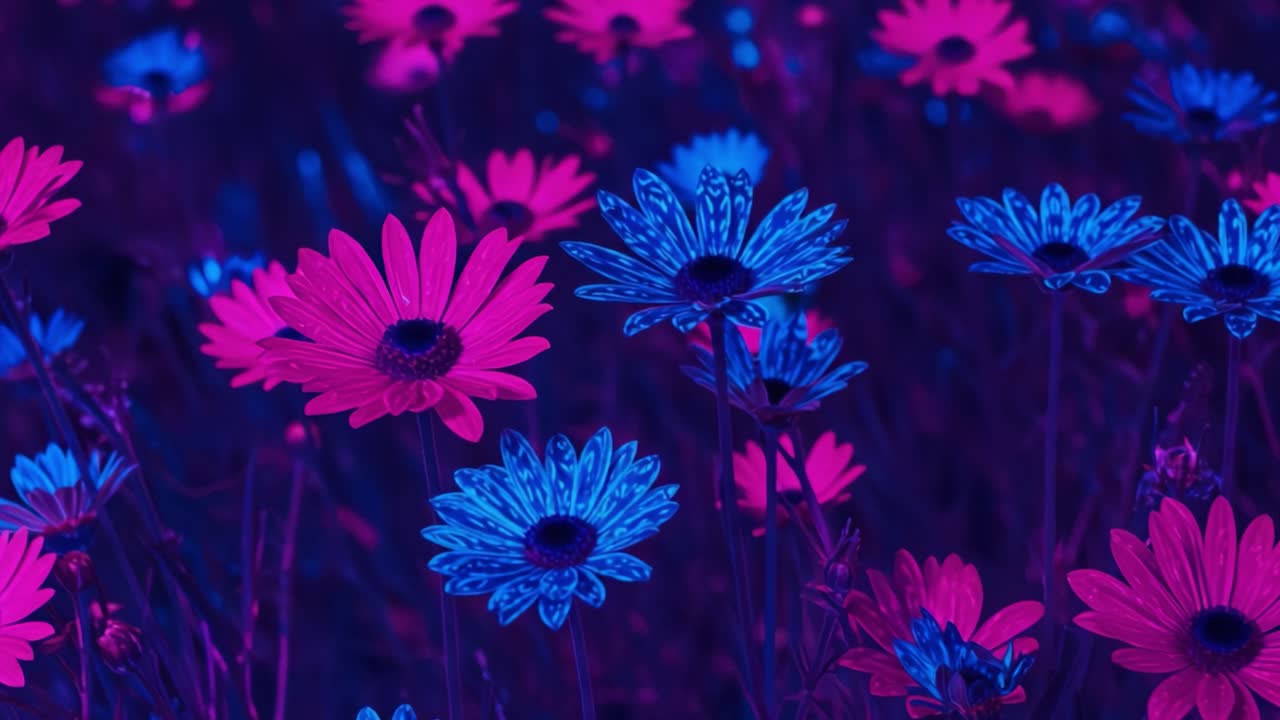 Uma exibição cativante de flores coloridas banhadas em tons vibrantes de néon, exibindo pétalas deslumbrantes em rosa e azul em uma paisagem floral encantadora