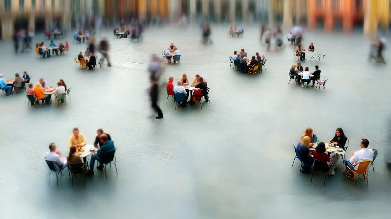 A Lively Outdoor Gathering in a Vibrant Public Square, Filled with Groups of People Engaged in Conversations and Enjoying Their Time in a Colorful Environment