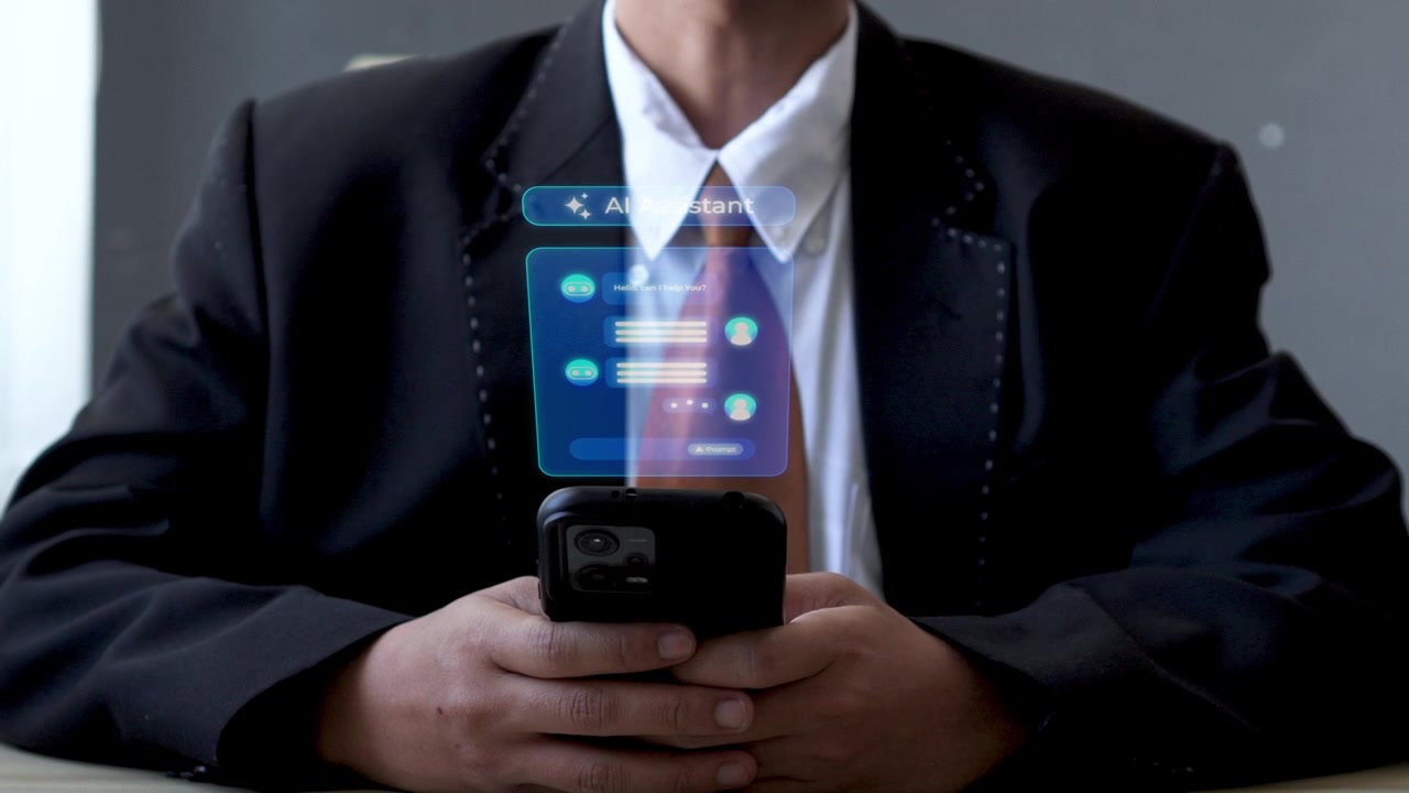 Mano di uomo d'affari che chatta con un assistente o agente AI tramite smartphone. Concetto di Intelligenza Artificiale