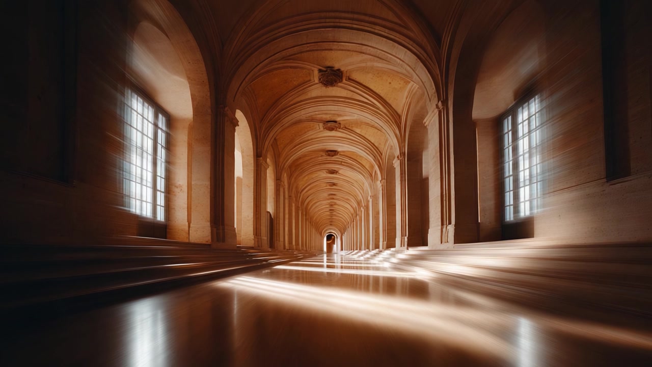 Un sereno sentiero attraverso un elegante corridoio ad arco immerso in una delicata luce naturale, che conduce a un misterioso punto di arrivo, invitando all'esplorazione e alla riflessione