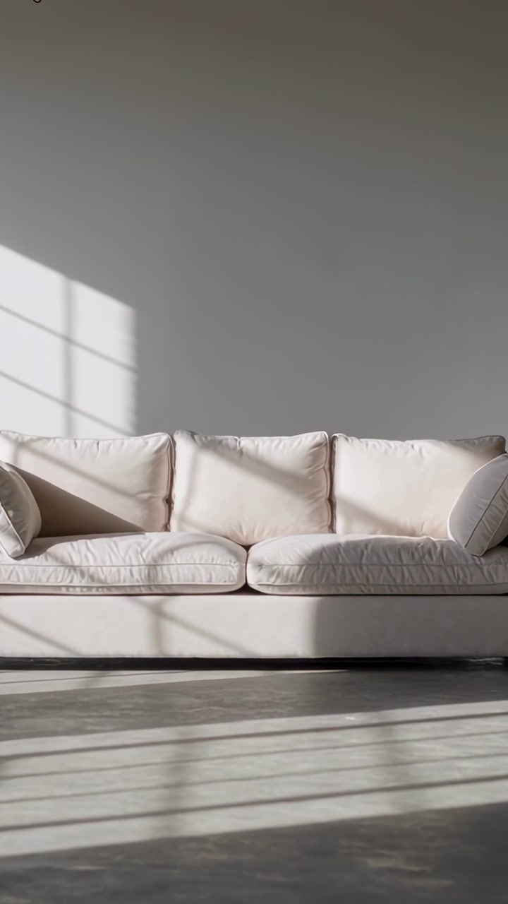 Vertikal video: Bevægende sol kaster gitterformet skygge over cremefarvet sofa, gråt gulv i studie fra vindue.