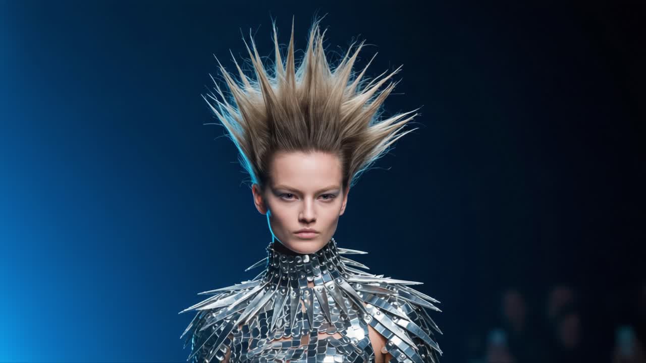 Accattivante esposizione di moda moderna con una modella dai capelli drammatici e un completo metallico, che mette in mostra elementi di design unici e un'atmosfera suggestiva.