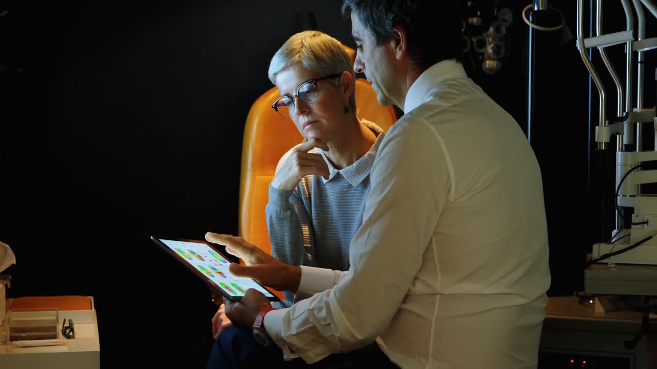 optometrista explicando el informe de la vista en una tableta digital 4k
