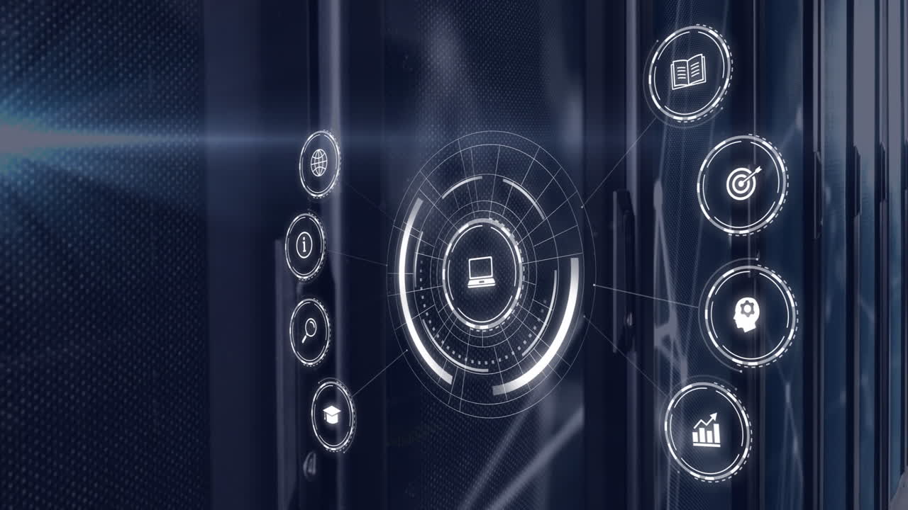 Animation of futuristic digital interface with technology, education, business icons