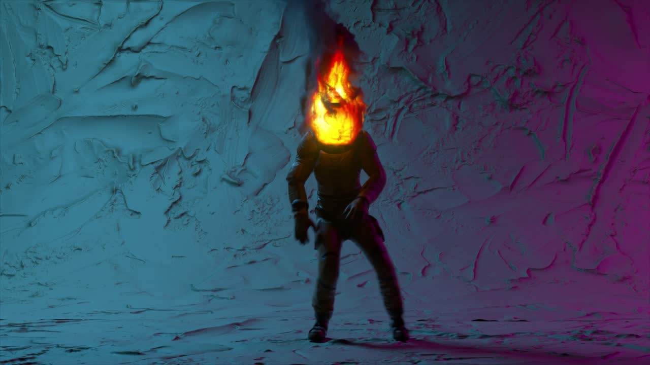 astronauta en llamas en la luz de neón