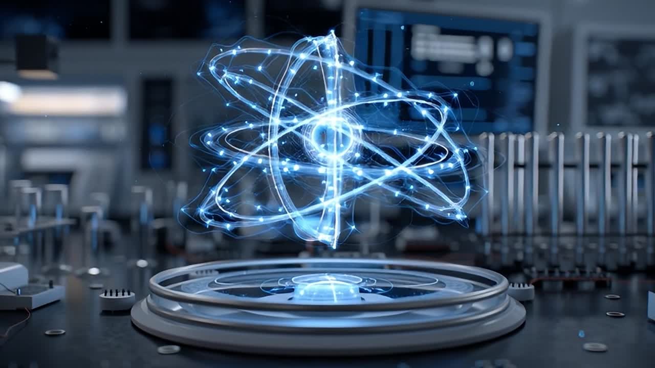 Modern bir laboratuvarda holografik bir atomun kavramsal gösterimi.