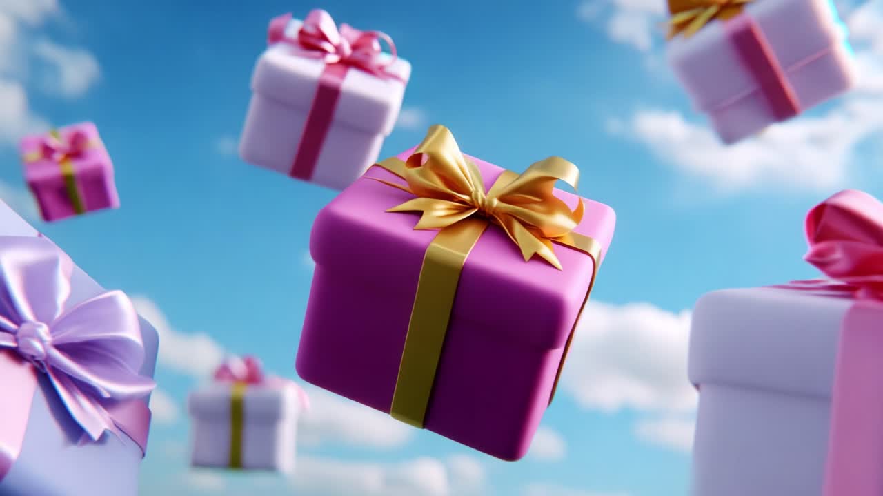A Magical Scene of Colorful Gift Boxes Floating in a Bright Blue Sky, Symbolizing Celebration, Joy, and Surprise Perfect for Birthdays, Holidays, or Special Occasions as They Gracefully Drift Amongst the Clouds