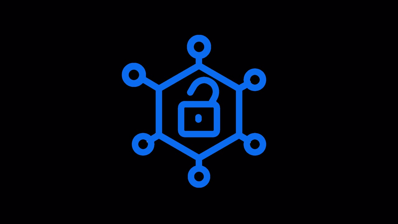 Blue Padlock Icon Animating Open and Closed within a Network Hexagon