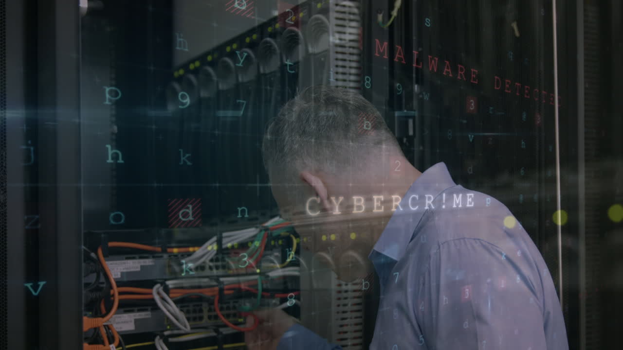 animación del procesamiento de datos sobre un trabajador caucásico en la sala de servidores