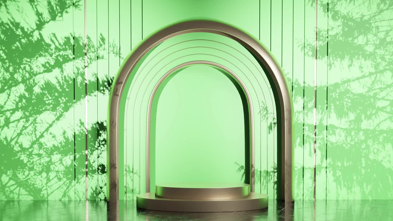 diseño de stand de exhibición de productos con sombra de hojas de árboles en animación de renderización 3d, sitio web de comercio electrónico descuento de venta en fondo de naturaleza verde