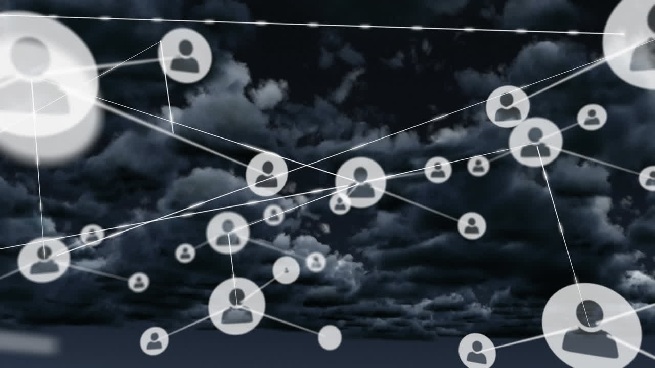 Animation of networks of connections with icons over sky