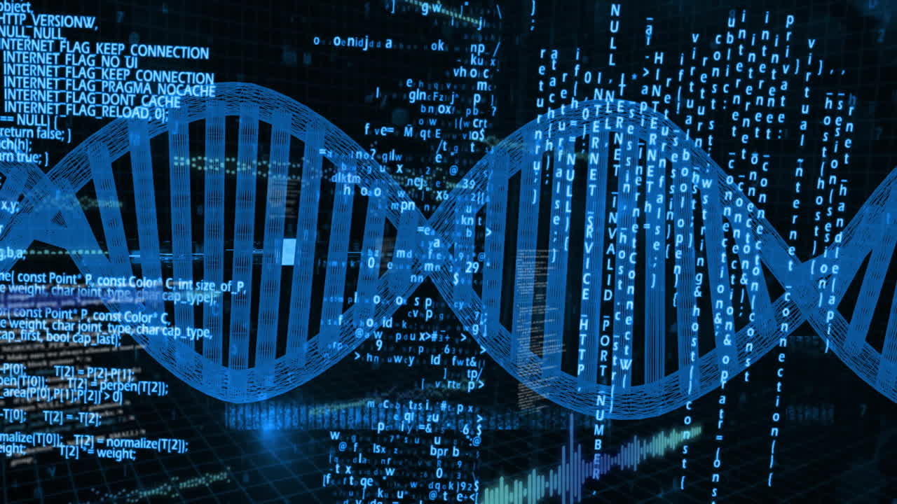 DNA strand with binary coding, processing scientific data in animation style
