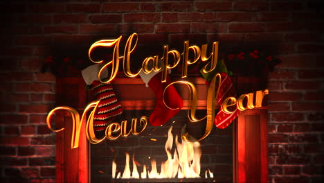 fireplace with gifts in the christmas socks and happy new year text