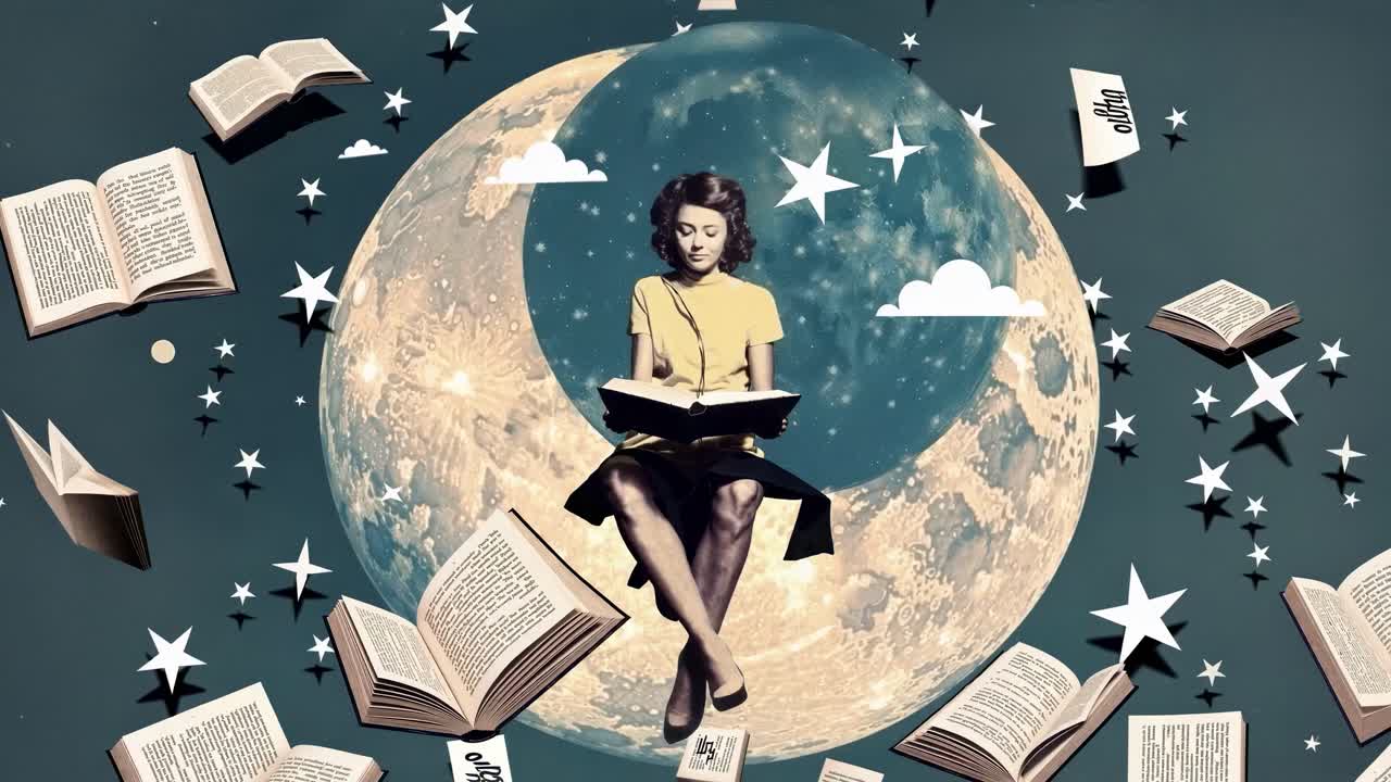 Surrealistinen videokonsepti vintage-tyylillä, jossa nainen lukee kuussa kelluvien kirjojen kanssa.