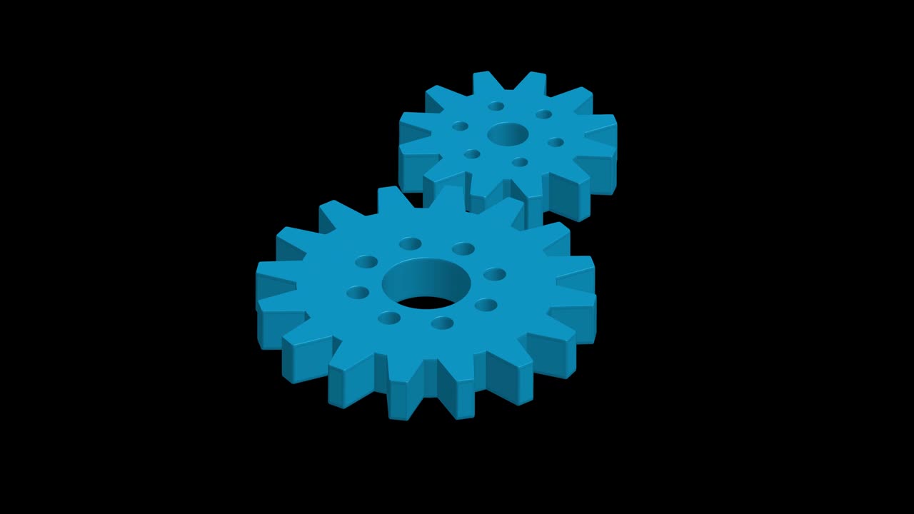 vista isométrica de engranajes giratorios azules sobre un fondo negro