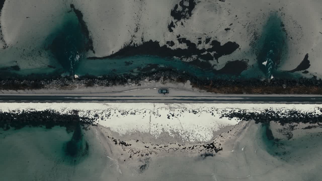 Top View Of A Car Parked On The Road Bridge In Lofoten Island, Norway. Aerial Descending Shot