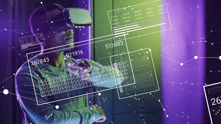 Man with VR headset uncrossing arms reaching in tech lab testing hologram panels updating data UI