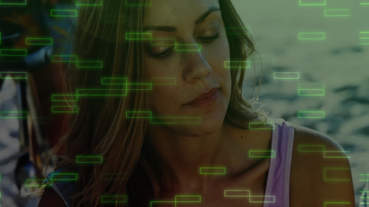 Outdoors, woman with green digital data processing animation overlay on screen