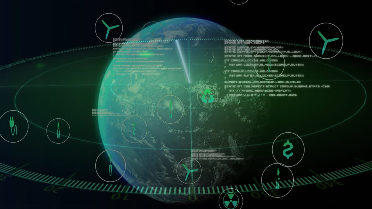 Animation of data processing and ecology icons over globe