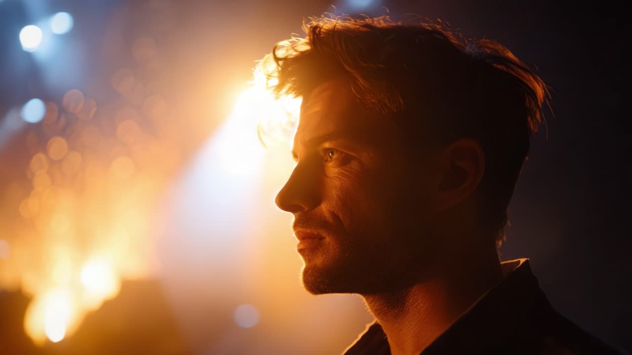 Un profilo pensieroso di un giovane uomo illuminato da una luce drammatica, immerso in un'atmosfera di intensità e calore in un ambiente misterioso.