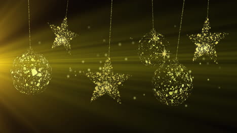 animación de estrellas doradas de navidad y nieve cayendo sobre un fondo marrón.
