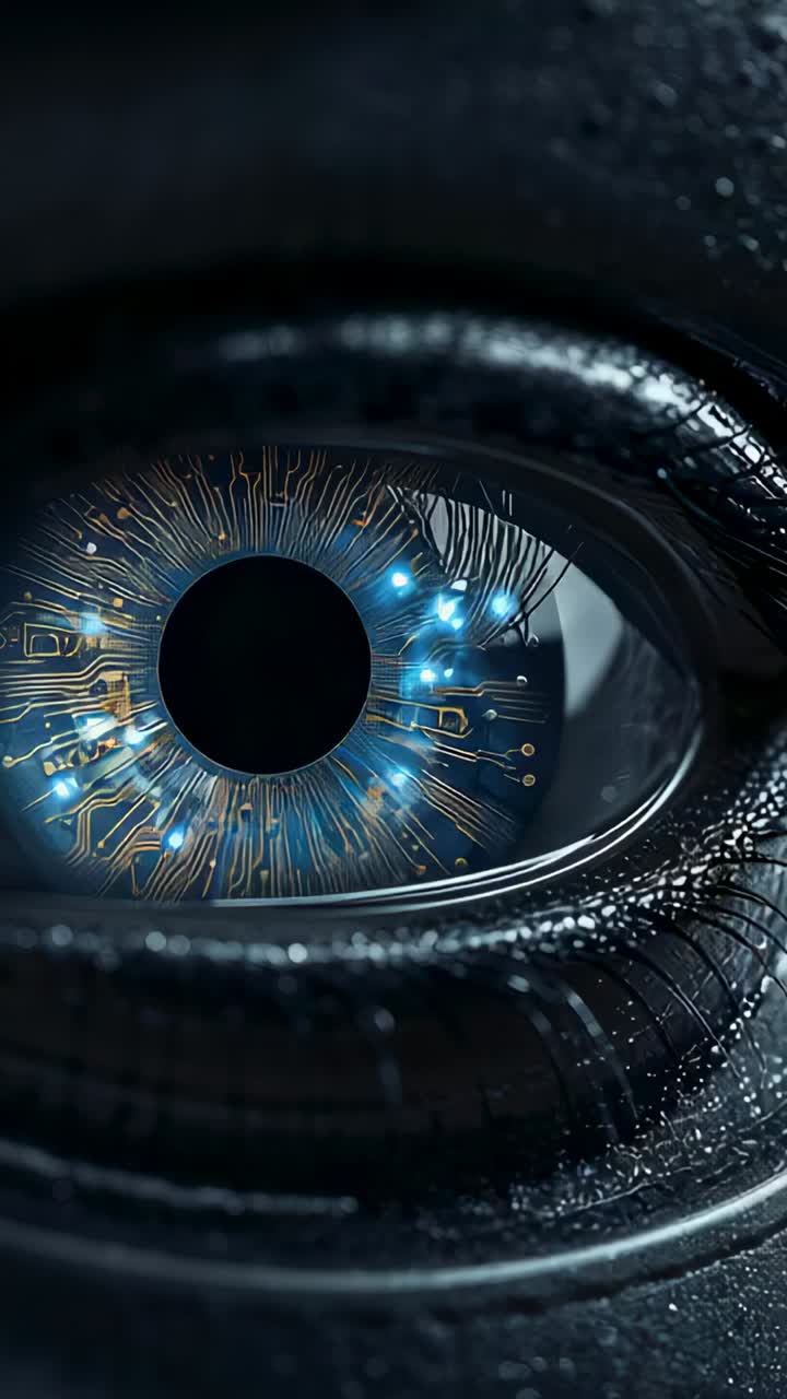 Vertical video: Pulsing cyber eye causing lid closing then opening in macro with pupil, blue nodes