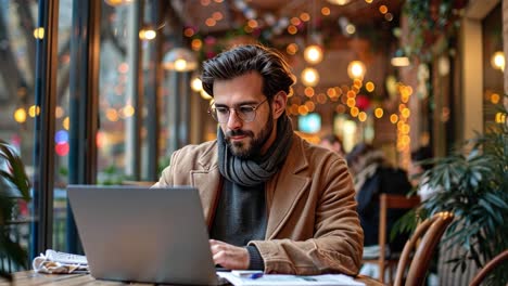 man working on laptop in a cozy cafe