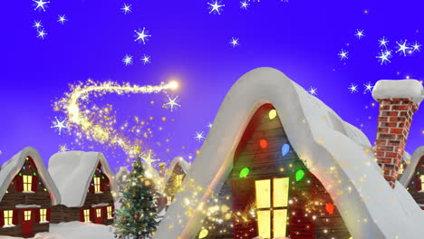 animation of shooting star over christmas houses and falling snow