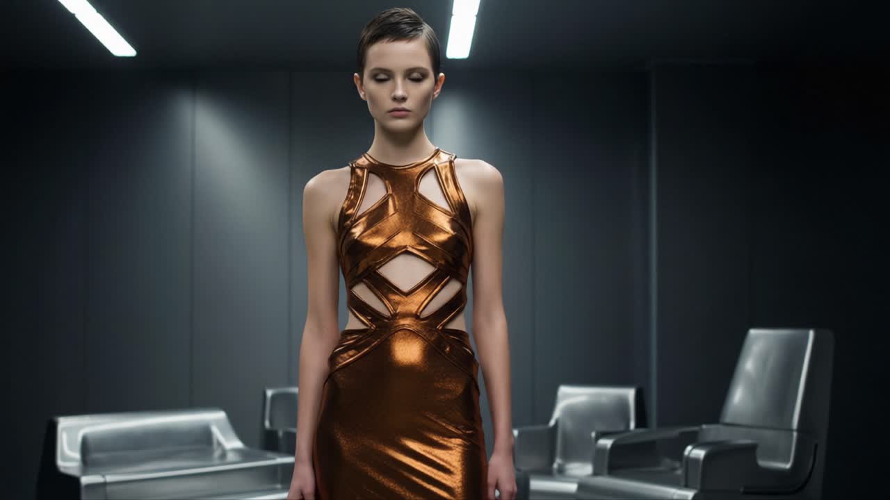 A Futuristic Fashion Statement: A Model Showcases an Elegant, Bronze Cut-Out Dress in a Minimalist Environment, Highlighting Contemporary Designs and Bold Styles