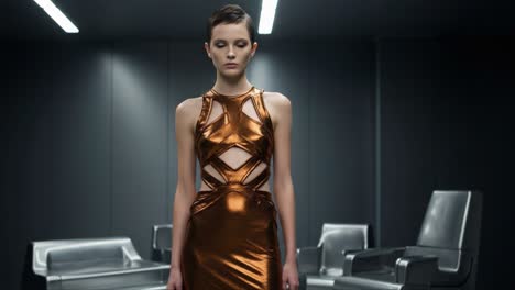 a futuristic fashion statement: a model showcases an elegant, bronze cut-out dress in a minimalist environment, highlighting contemporary designs and bold styles