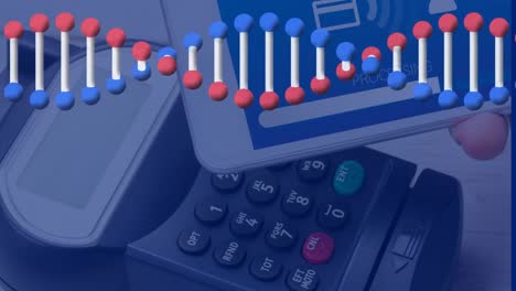 animation of sniping dna strand over smartphone and payment terminal