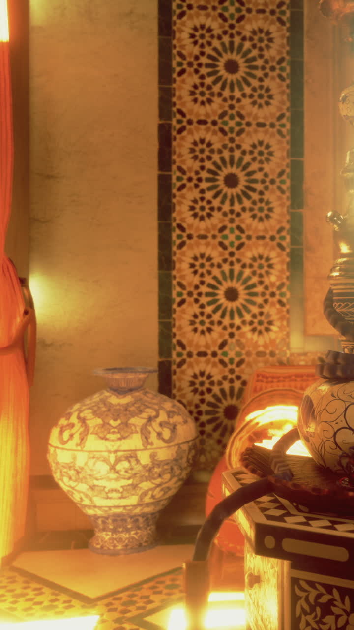 Decorative pottery and patterned wall in a bright indoor setting
