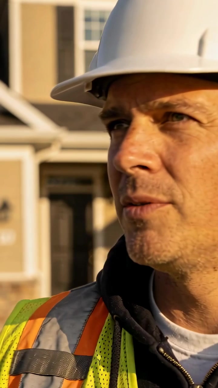 Vertical video: Hearing off-camera call, foreman speaking at house in white hardhat, hi-vis vest