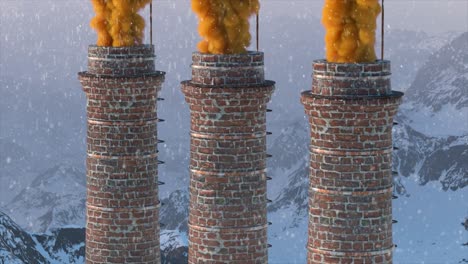 three brick chimneys emit smoke in snowy mountain scenery