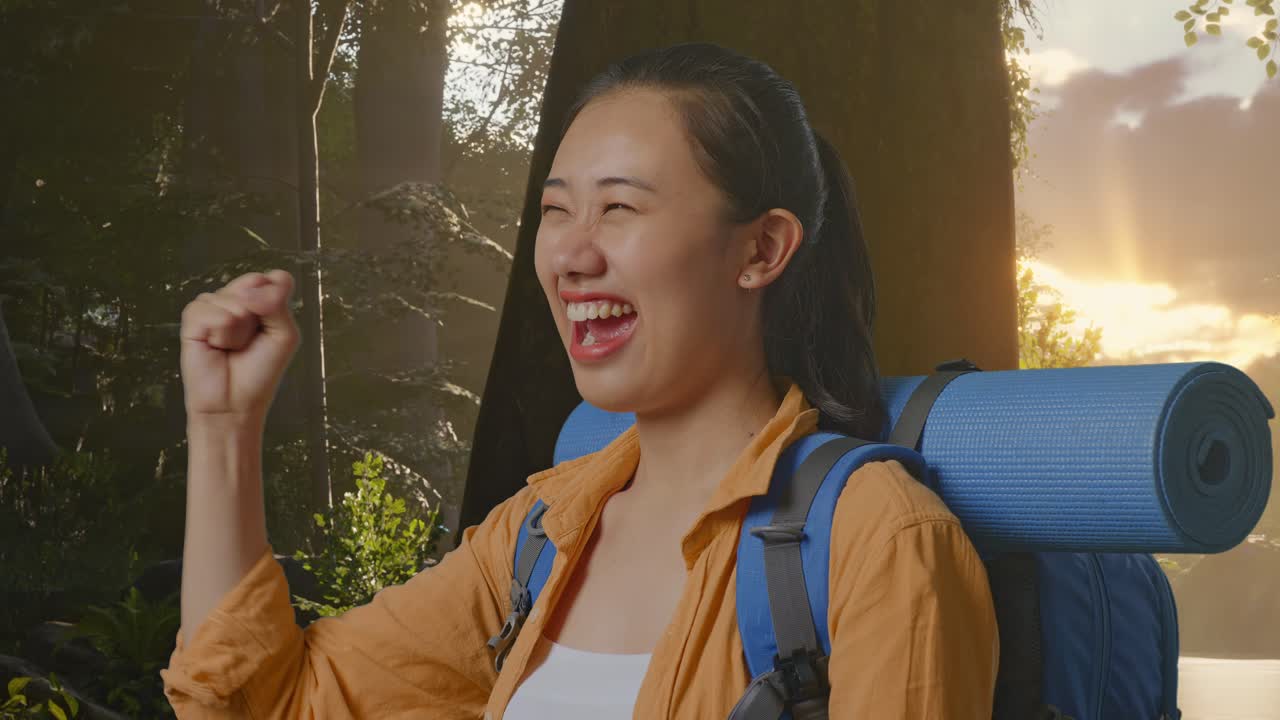 Close Up Side View Of Asian Female Hiker With Mountaineering Backpack Screaming Goal Celebrating The Success While Exploring Forest Nature