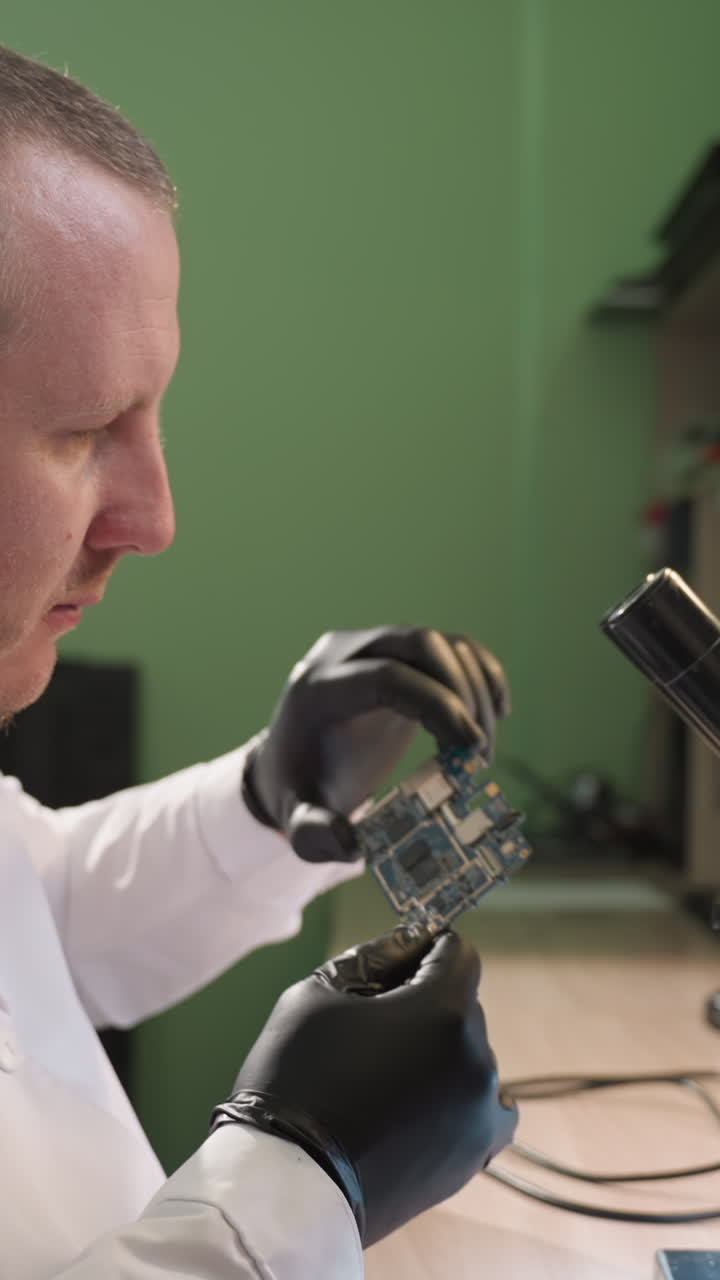 una vista de cerca de un técnico en una bata de laboratorio blanca y guantes negros examinando una placa de circuito bajo un microscopio en un laboratorio de electrónica bien iluminado y otra herramienta en el estante y en la mesa