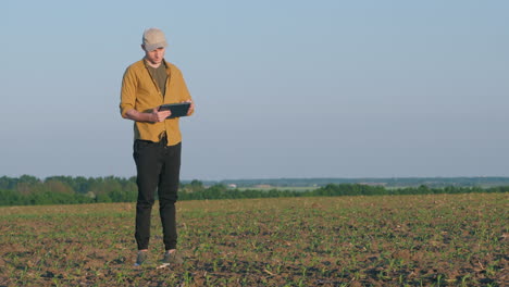 agricultor usando comprimido em campo de milho