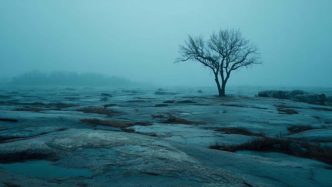 Lonely Tree Standing Amidst a Misty Landscape, Capturing the Essence of Solitude and Stillness in a Fog-Covered Rocky Terrain