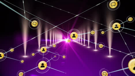 conexiones de red y iconos de usuario animación sobre fondo púrpura con haces de luz