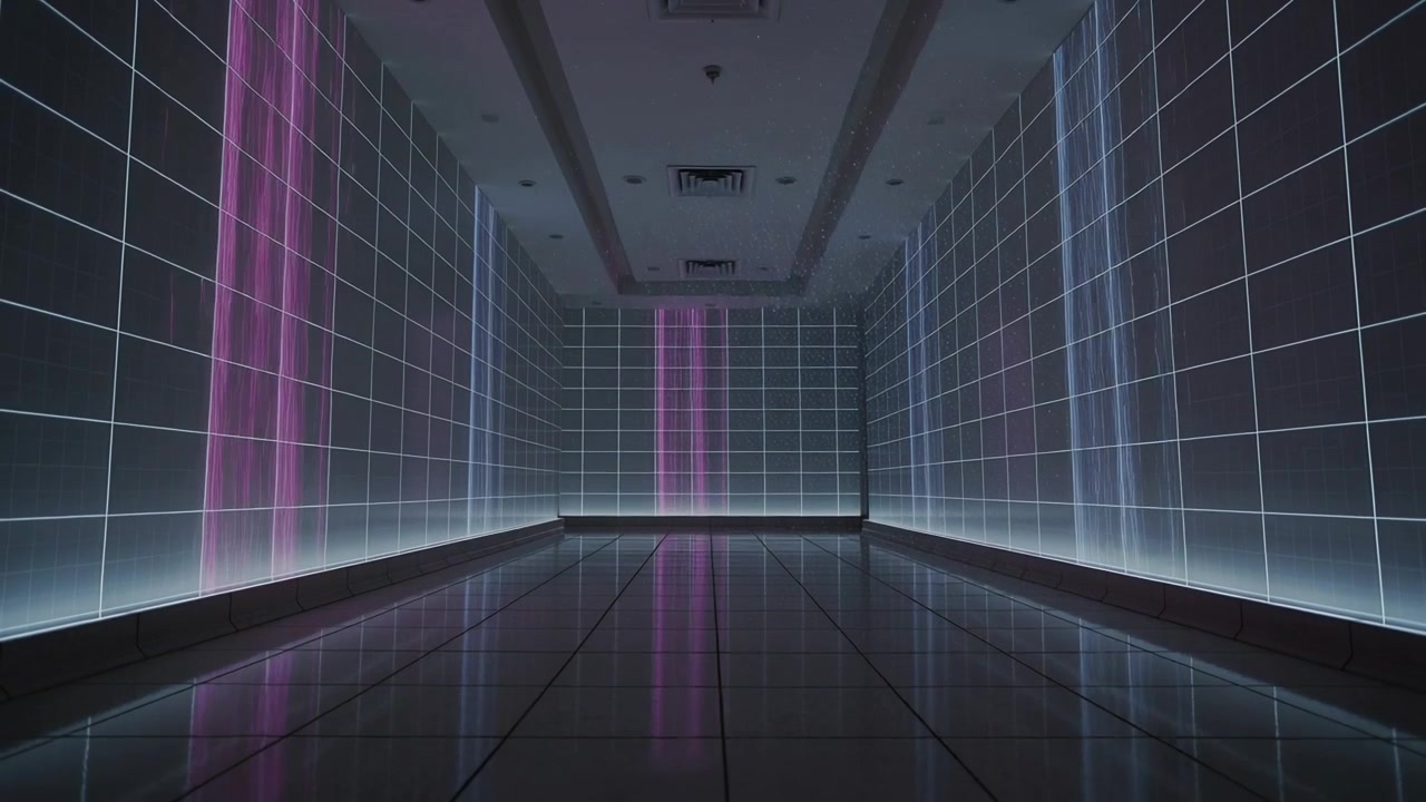 Animating programmed neon strips pulsing light across shiny tiled corridor floor