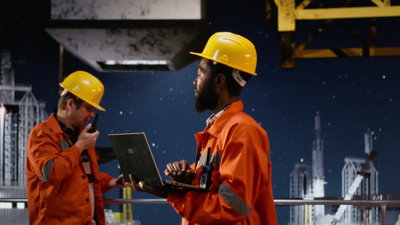 Pekerja industri memantau operasi rig pengeboran lepas pantai dengan laptop