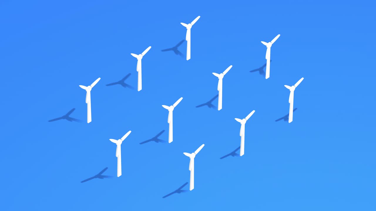 wind turbines in isometric view, 3D eco animation