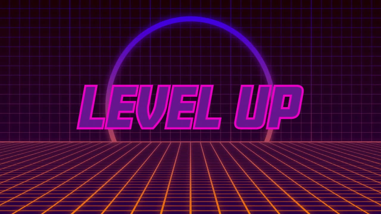 네온 그리드 배경 위의 텍스트 애니메이션을 레벨 업합니다.