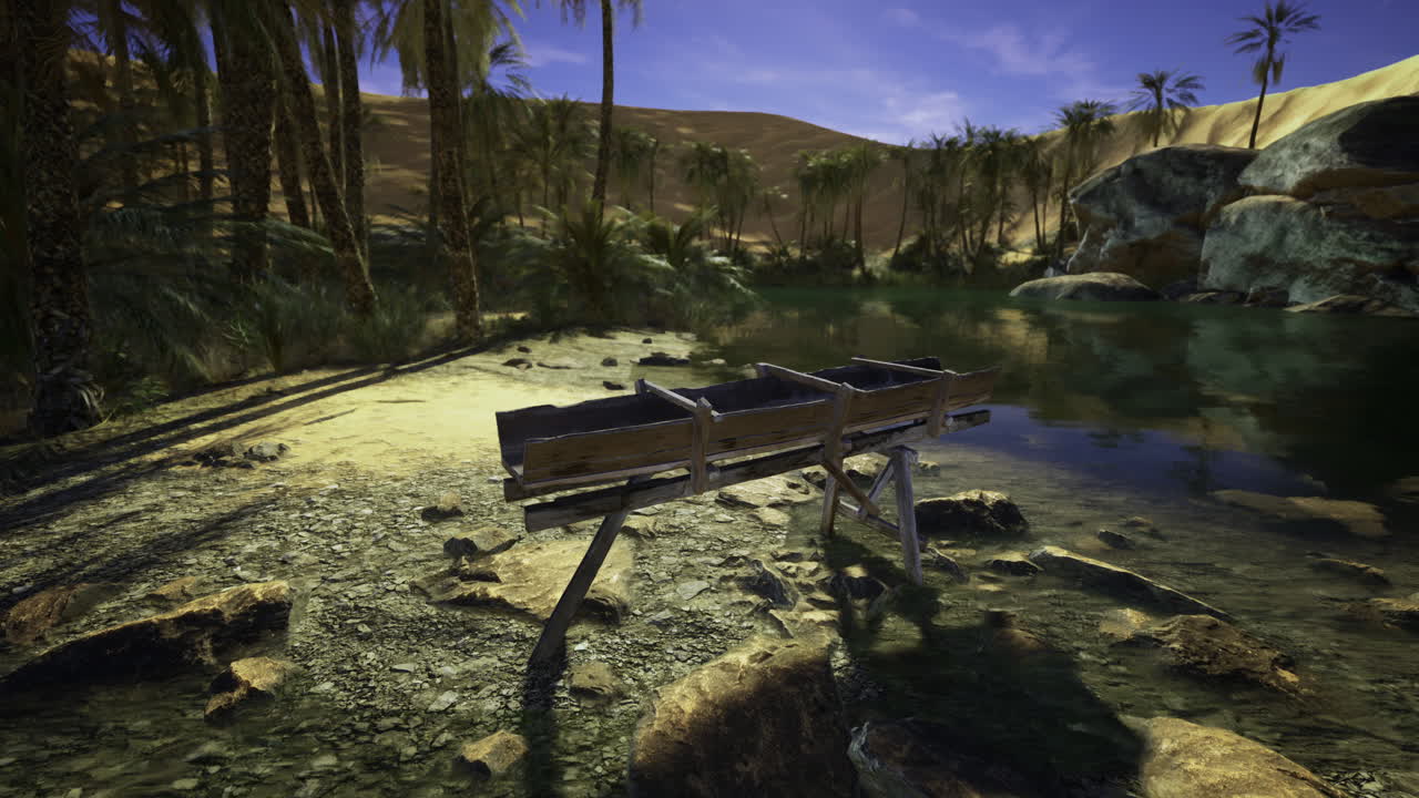 Desert oasis with a wooden trough surrounded by palm trees and rocks