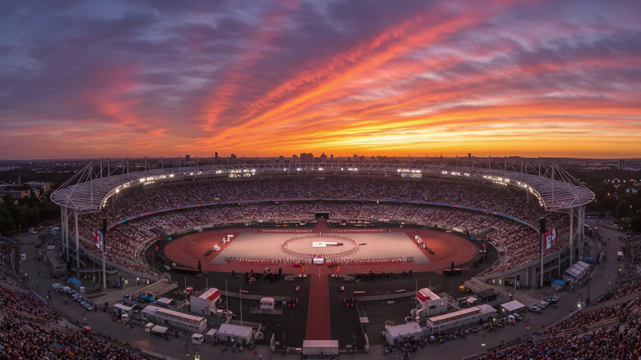 A Stunning Panorama of a Grand Stadium at Dusk with Vibrant Sunset Colors Over a Large Crowd Gathering for a Spectacular Sporting Event Celebration