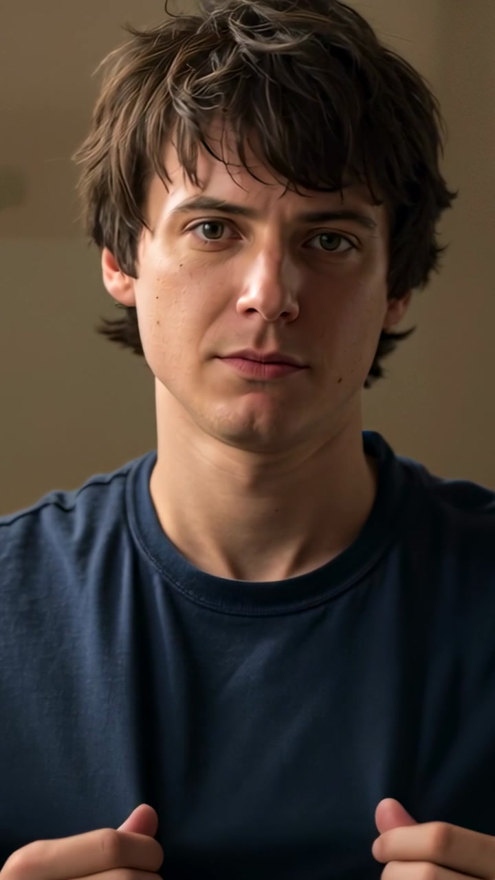 Vertical video: Filming man in navy tee tilting head, touching shirt, blinking, leaning in at home